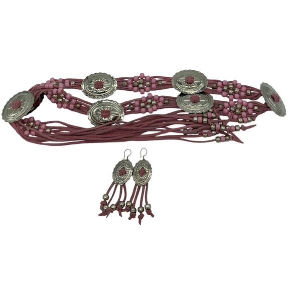 Vtg Womens Native American Belt Earrings Southwest Silver Concho Pink Cowhide - Picture 2 of 9